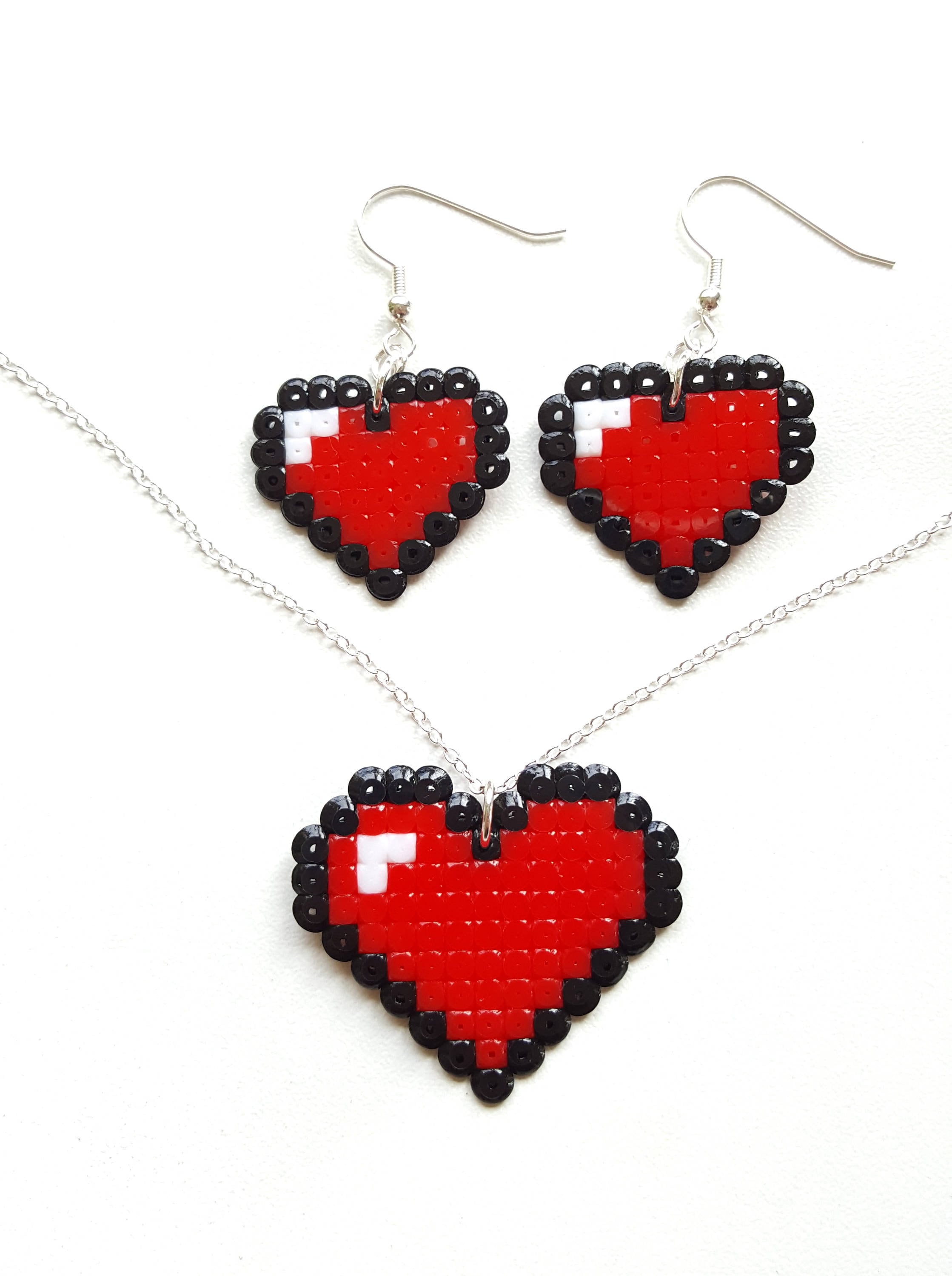 8bit Hearts Set Earrings Necklace 8 bit Pixel Art life jewelry Hama Perler Beads