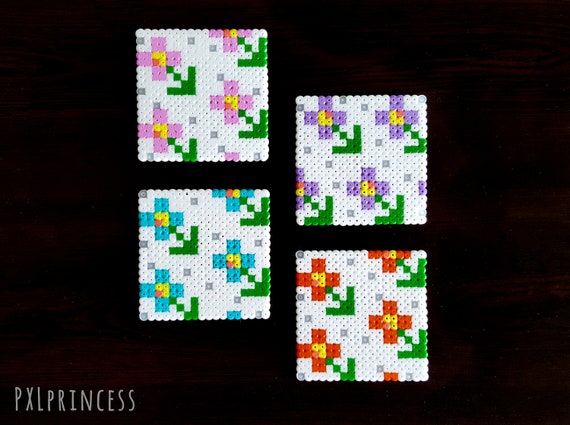 Floral Pixel Art Coaster Hama Perler Beads 8bit Rose Flower Etsy