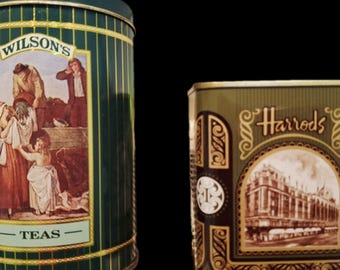 Par vintage Harrods~Wilsons teburkar 'Knightsbridge Green No. 14' & 'Cries of London No. 6'