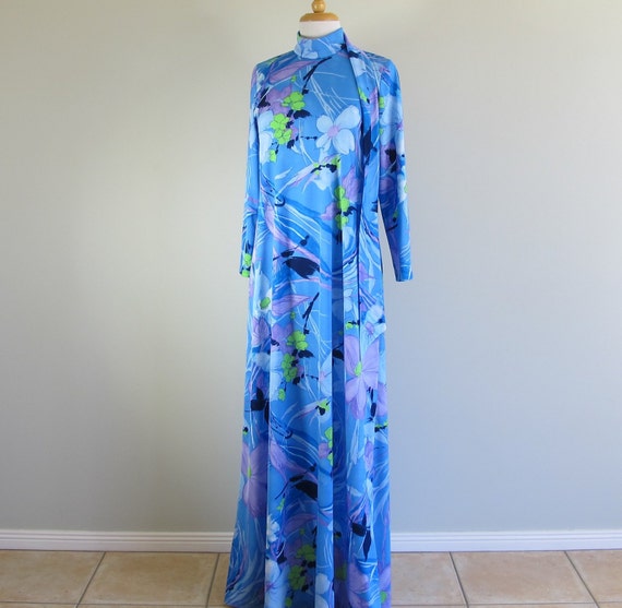 Vintage 60s Long Psychedelic Colorful Geometric Fl