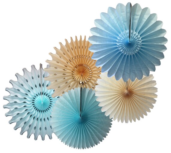 Light Blue Ivory Tissue Paper Fan Decorations 5 Fans 13 18 Etsy