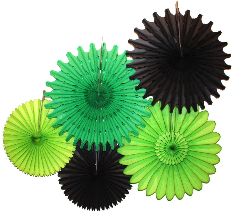 Gaming Party Tissue Paper Fan Collection 5 fans, 13-18 inches Black, Green, Lime zdjęcie 1