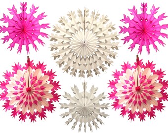 6-piece Cerise & White Tissue Paper Snowflake Fan Party Decorations (15-22 inches)