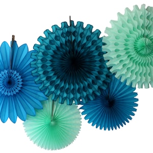 Tissue Paper Fan Collection (5 fans, 13-18 inches) - Turquoise Blue, Mint, Teal Green