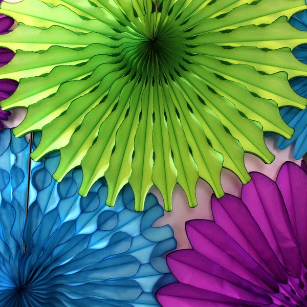 Peacock Themed Tissue Fan Decorations (5 fans, 13-18 inches) - Purple, Lime Green, Turquoise Blue