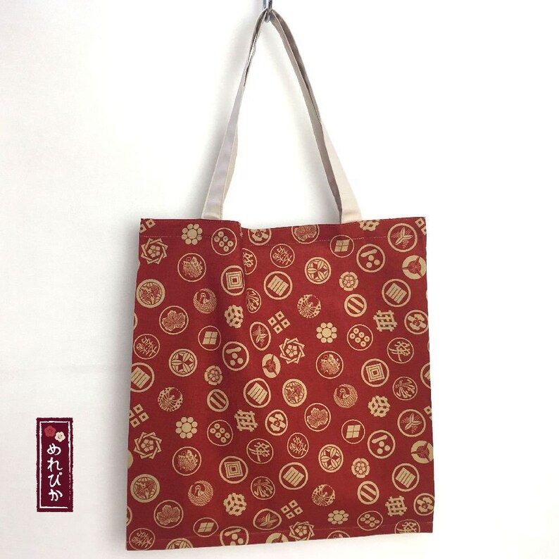 Free Shipping Eco Folding Shopping Bags Japanese style fabrics Cotton Family Crest Brick Red Compact Travel Bags Handbags ES0001-06-RE