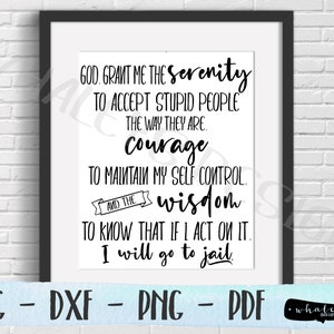 God Grant Me Serenity to Accept Stupid People, Courage - Self Control - Wisdom - Jail SVG, DXF, PDF Printable Silhouette & Cricut Cut File