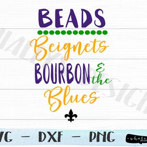 Grânulos Beignets Bourbon e o Blues SVG, Mardi Gras DXF, Nova Orleans png, NOLA Vector Art, Bourbon Street Clip Art, arquivo de corte de design de festa