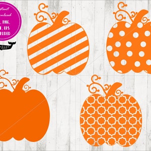May include: Four orange pumpkin cutouts with different patterns: stripes, polka dots, solid, and a geometric pattern. The pumpkins are all outlined in white and have a stem with a curly vine.