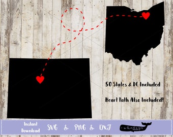 State to State Cutfile for all 50 States plus Washington DC svg, png, and dxf files.  Includes 2 different paths and a heart to place.