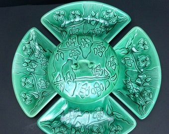 Vintage California Pottery USA 6-teiliges Servier-Set Jade Grün Floral Chip Dip 60er Jahre