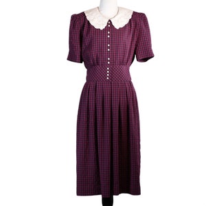 Vtg Dark Academia Dress 8 Red Blue Gingham Check Pearl Button Front Lace Collar