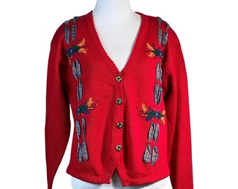 Vintage Floral Cardigan Sweater Small Red Ribbon Embroidered Grandma  Cottagecore New