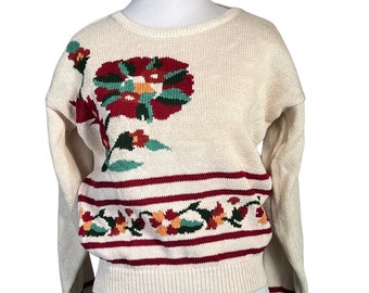 Vintage Floral Sweater Medium Ivory Red Green Large Graphic Pullover Cottagecore