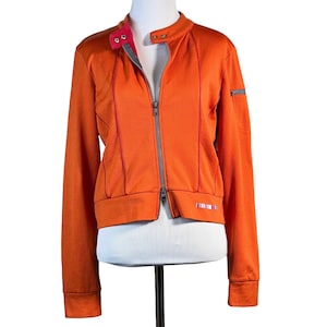 Y2K Track Jacket Medium Orange Mesh Knit Pink Trim Dual Zip Bright Retro