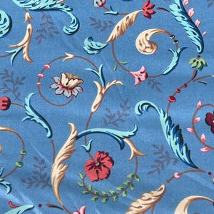 P Kaufmann Fabric Blue Floral Scrolls 5+ Yards Cotton Upholstery Chintz Vintage