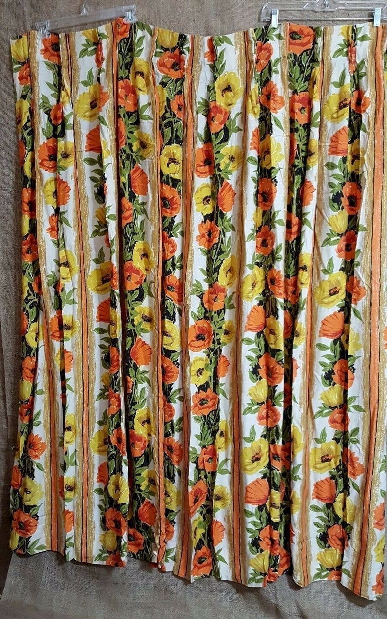 Vintage Mid Century Drapes Pair Orange Yellow Green Floral Poppies Bright Stripe 60s