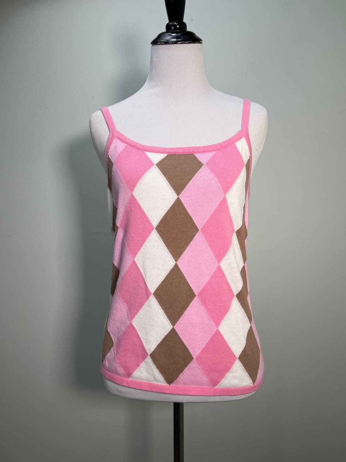 Vintage Twin Set Medium Pink Brown Argyle Tank Top Cardigan Vintage Twin Set Medium Pink Brown Argyle Tank Top Cardigan