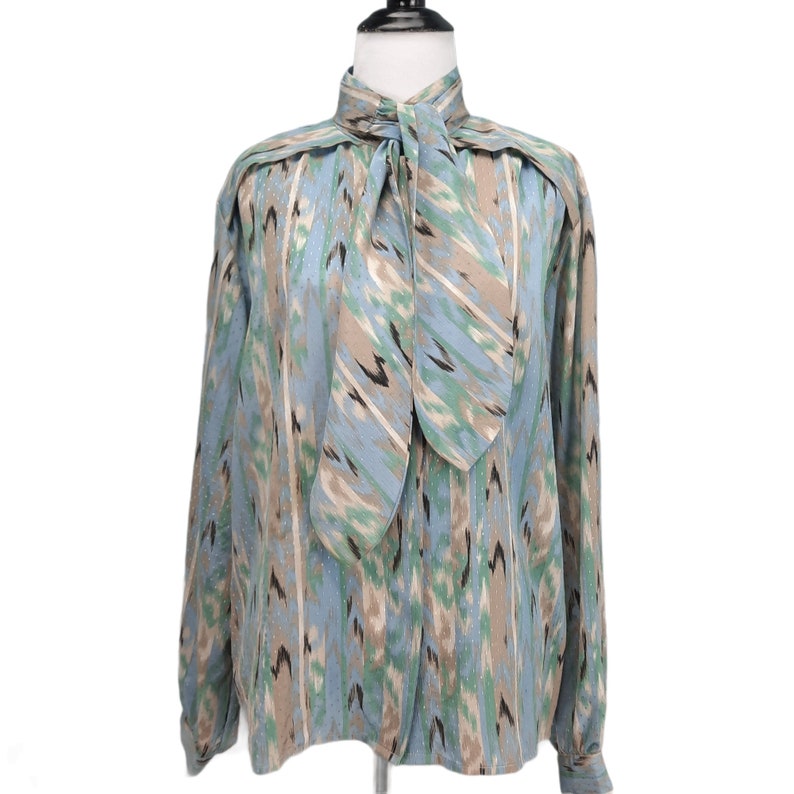 Vintage Top Large Blue Tan Ikat Pussy Bow High Neck Secretary Blouse 80s