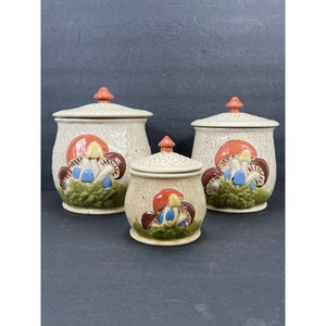 Pilz Behälter Set 3 Hand Bemalt mit Deckel Tan GrünTexturiert 3D Vintage 70er Jahre