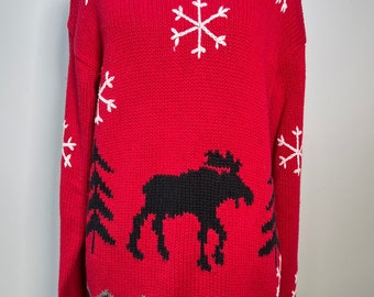Alpen Pullover Damen Klein Rot Schwarz Moose Schneeflocken Rollsaum übergroß Gemütlich