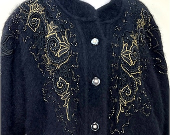 80s Vtg Cardigan Medium Black Angora Belldini Passementerie Decoration Lined