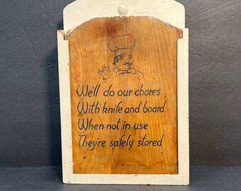 Vintage Wooden Cutting Board W/ Knife Box "We'll do our Chores"