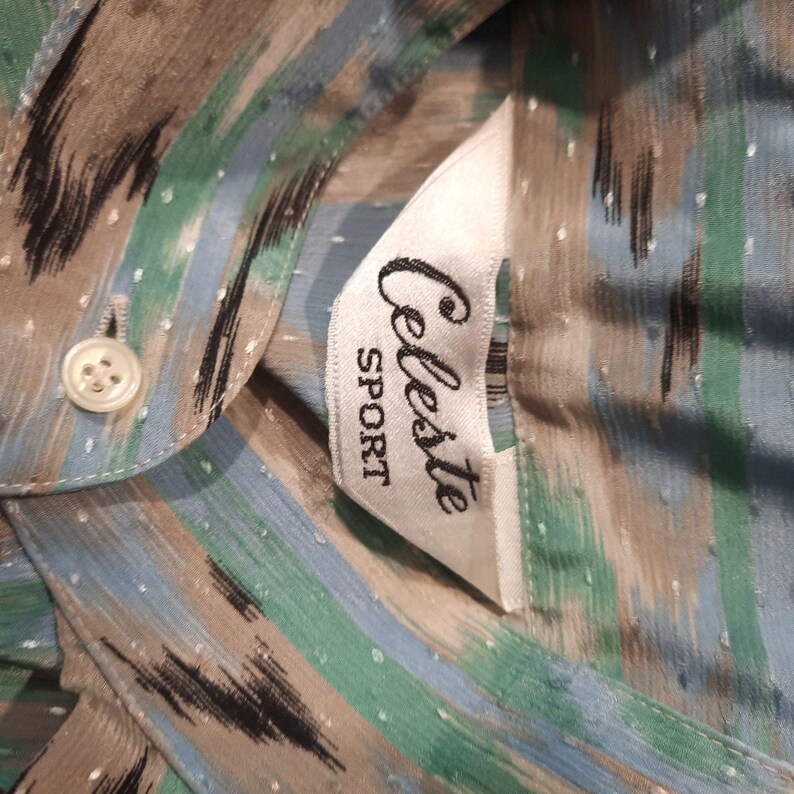 Vintage Top Large Blue Tan Ikat Pussy Bow High Neck Secretary Blouse 80s