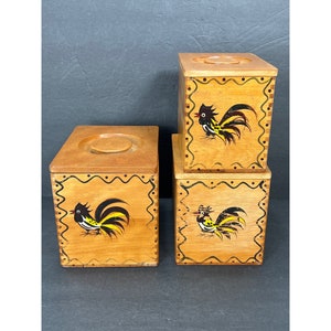 Vtg Wooden Canister Set Roosters Handpainted Woodpecker Woodware Japan Farmhouse