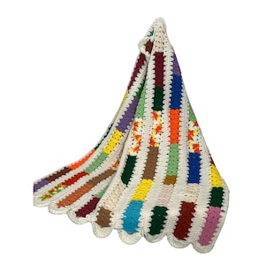 Vtg Crochet Afghan Lap Throw Bright Multi Boho Bord Festonné Fait à la main 23x37