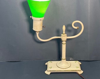 Tole Painted Desk Table Lamp Green Cream Metal Glass Shade Vintage