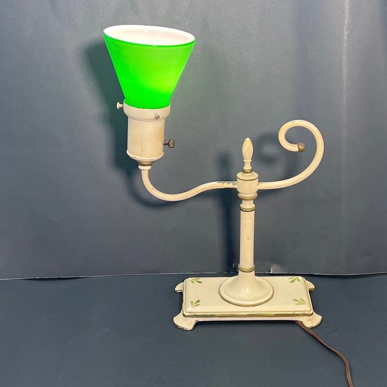 Tole Painted Desk Table Lamp Green Cream Metal Glass Shade Vintage image 1