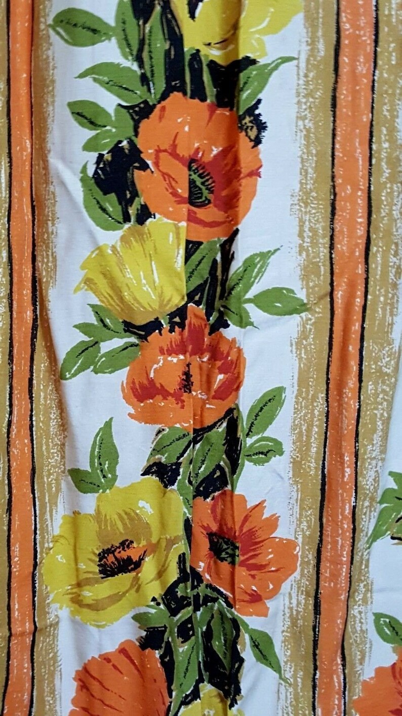 Vintage Mid Century Drapes Pair Orange Yellow Green Floral Poppies Bright Stripe 60s