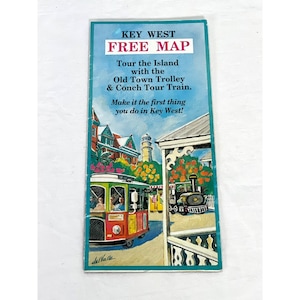 Vtg Key West Florida kaart toeristische gids Trolly bezienswaardigheden brochure reclame