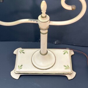 Tole Painted Desk Table Lamp Green Cream Metal Glass Shade Vintage image 3