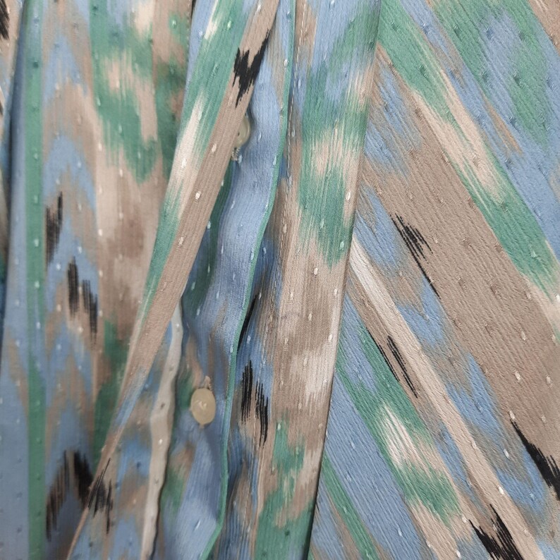 Vintage Top Large Blue Tan Ikat Pussy Bow High Neck Secretary Blouse 80s