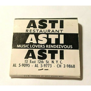 Vintage Matchbook Asti Restaurant NYC Music Lovers Rendezvous Unstruck