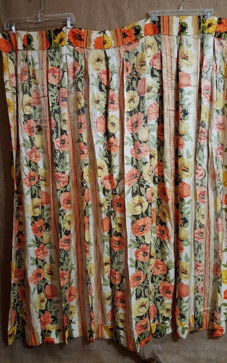 Vintage Mid Century Drapes Pair Orange Yellow Green Floral Poppies Bright Stripe 60s