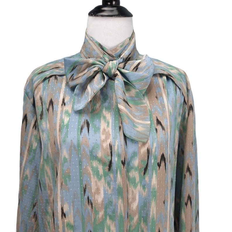 Vintage Top Large Blue Tan Ikat Pussy Bow High Neck Secretary Blouse 80s
