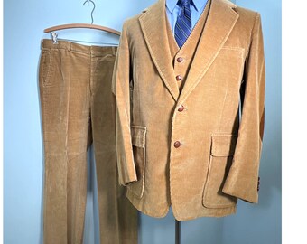 Vintage 70s Corduroy Suit Mens 42R Tan 3 Piece Jacket Pants Rockabilly Hipster