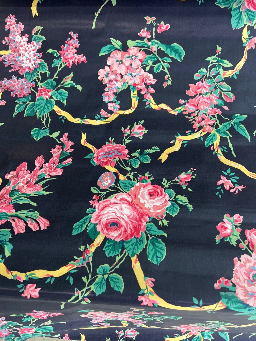 Vintage Bloomcraft Fabric Navy Blue Pink Floral Upholstery Polished ...