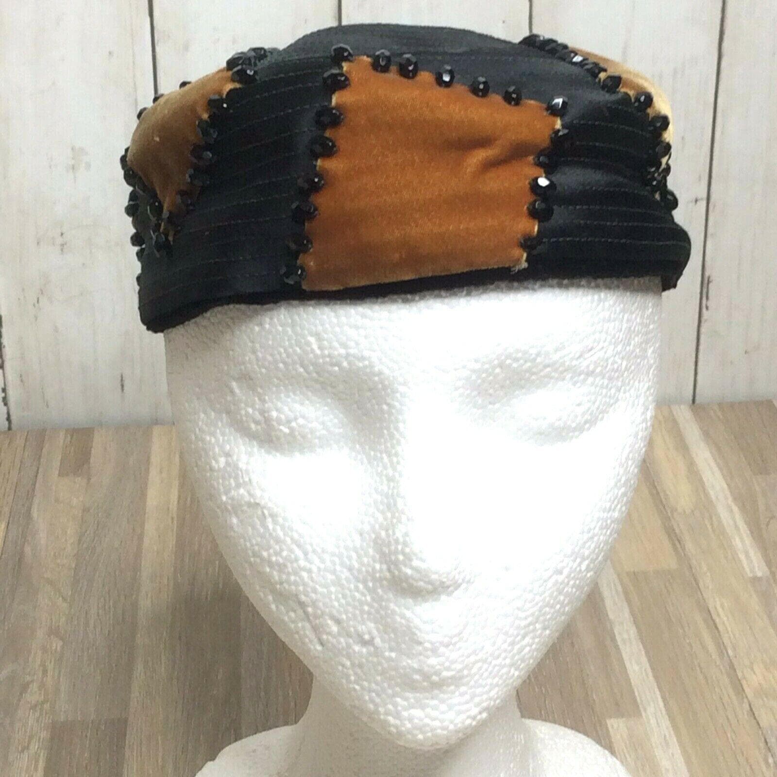 Vintage Pillbox Hat Saks Fifth Avenue Black Satin Caramel  display picture 3