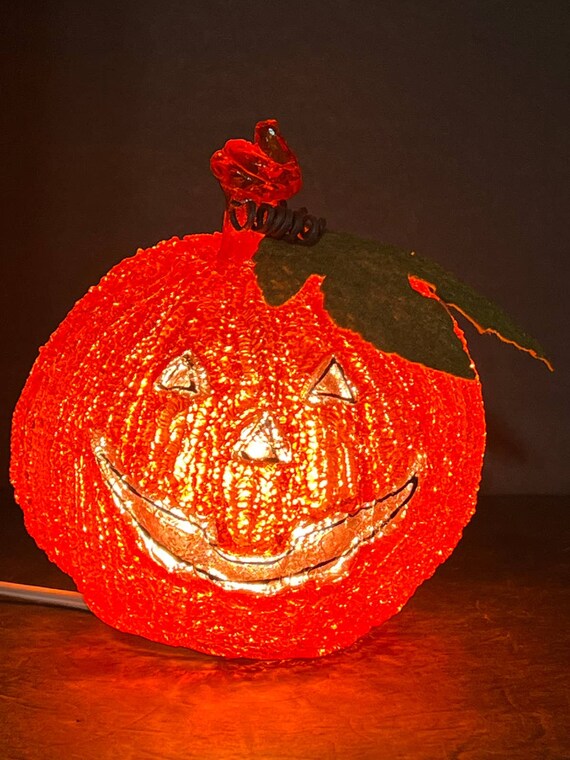Melted Popcorn Plastic Pumpkin Light up Jack O Lantern Halloween Fall  Vintage 