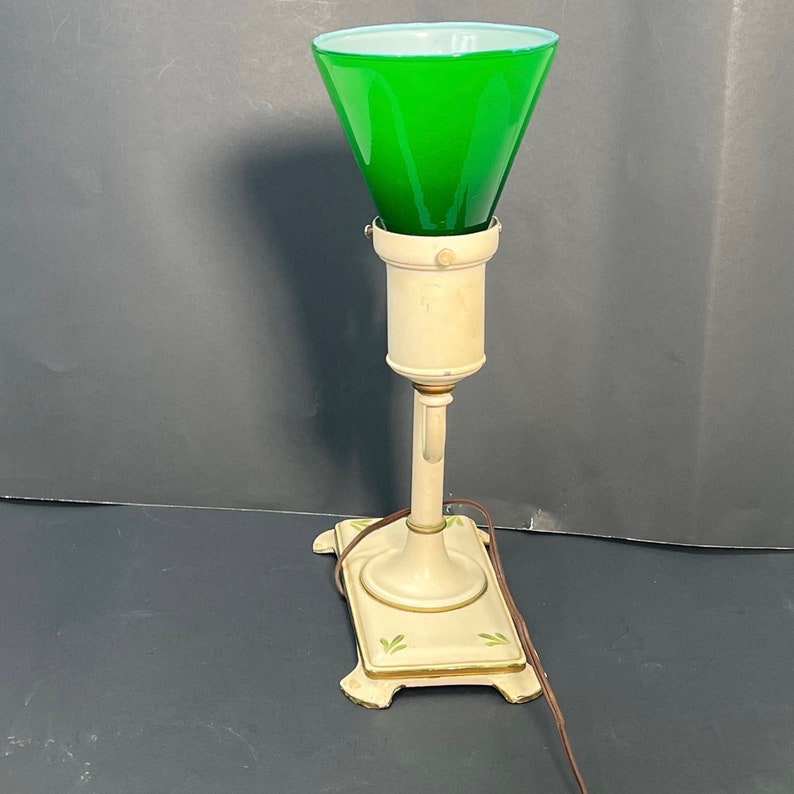 Tole Painted Desk Table Lamp Green Cream Metal Glass Shade Vintage image 5