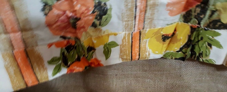 Vintage Mid Century Drapes Pair Orange Yellow Green Floral Poppies Bright Stripe 60s