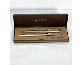 Vintage Parker 45 Ball Pen Pencil Set Stainless Steel w/ Case USA 80s