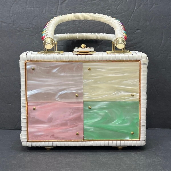 Vtg Box Purse Wicker Lucite Handbag Pastels Top Handle Beads 50s 60s Hong Kong