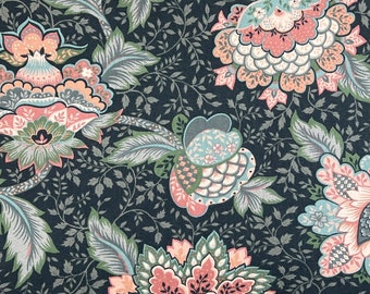 Vintage House n Home Fabric Blue Pink Green Jacobean Floral Upholstery Twill By The Yard