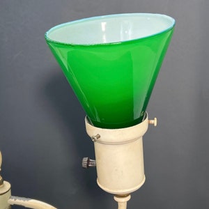 Tole Painted Desk Table Lamp Green Cream Metal Glass Shade Vintage image 7