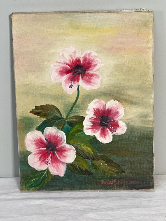 ヴィンテージ絵画 ハイビスカス フローラル サイン入り キャンバス